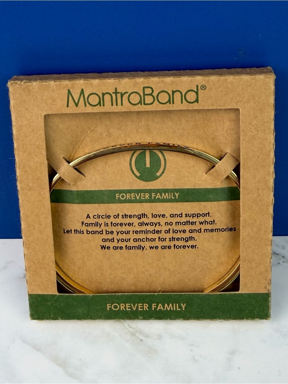 NIB MantraBand "Forever Family" Gold Tone Cuff Bracelet Boxed Inspirational Gift